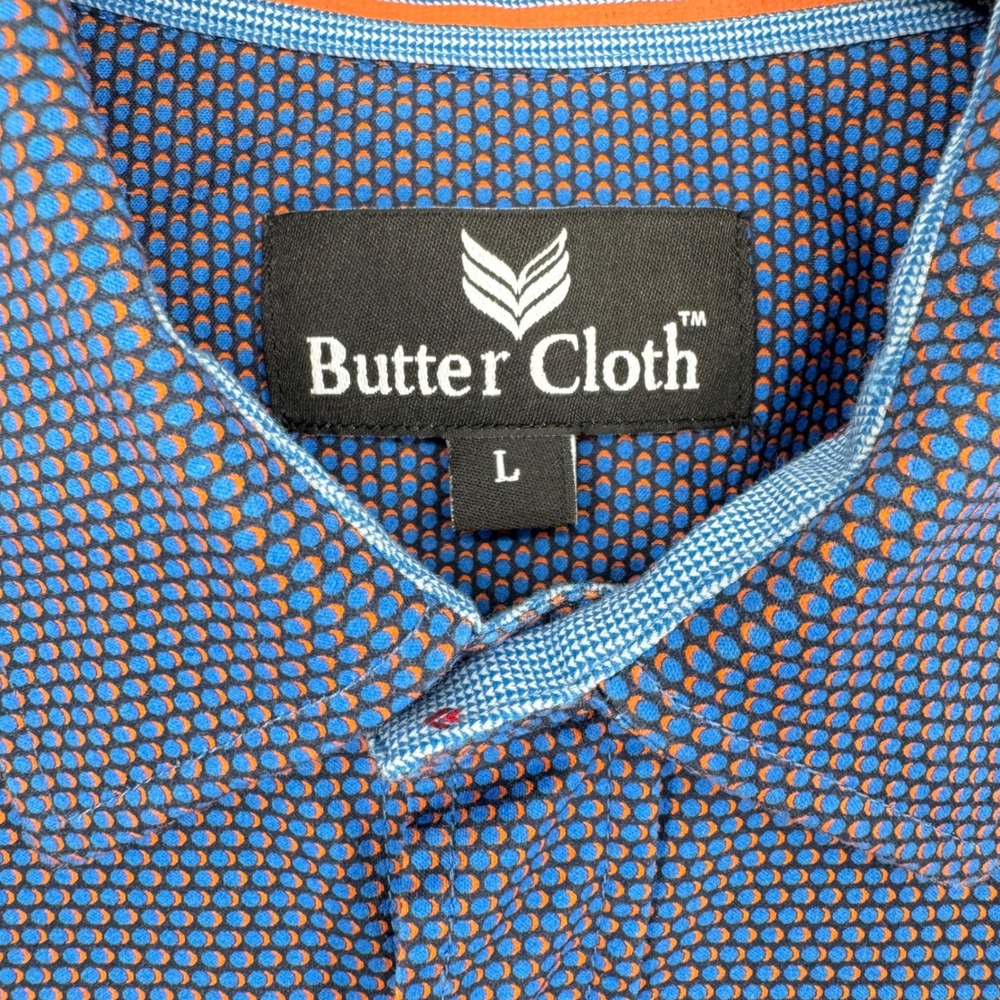Butter Cloth Mens Button Up Short Sleeve Shirt Blue Geometric Pattern L - Picture 2 of 6